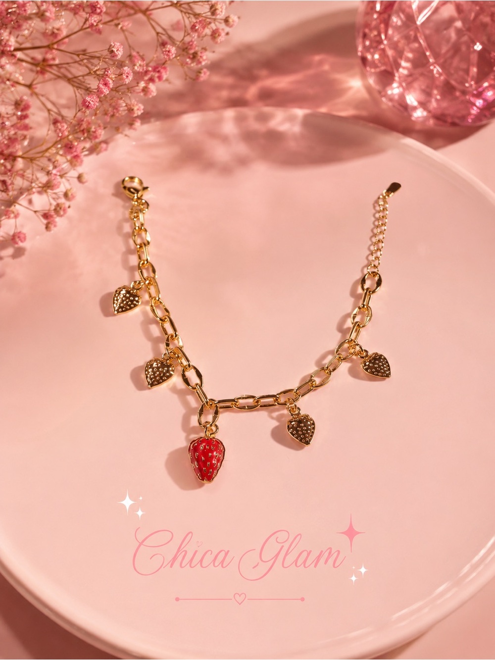 Gold Strawberry Charm Bracelet - Red & Gold